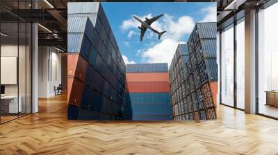 Stack of cargo containers with cargo airplane at import and export area at port. Wall mural