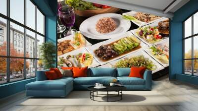 diet food set, round table full with vegetarian food with rice Wall mural