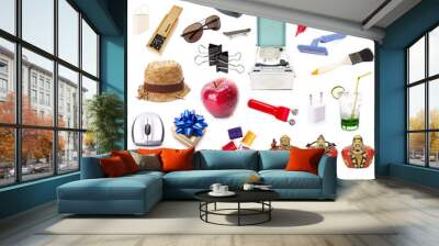 Various objects mixing together on white background. Wall mural