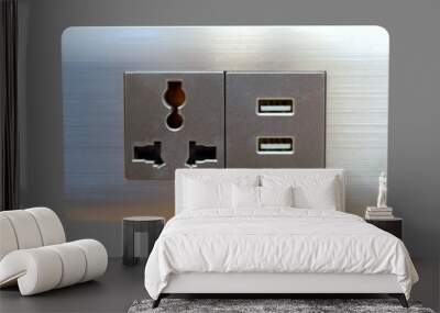 Electric wall plug socket and USB charging port isolate on gray bakcground. Wall mural