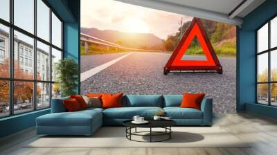 Red triangle, red emergency stop sign, red emergency symbol on road. Wall mural