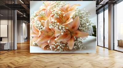 .A graceful bouquet of fresh lilies in soft white and pink tones, with long, elegant stems and lush green leaves. Wall mural