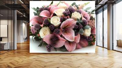 .A graceful bouquet of fresh lilies in soft white and pink tones, with long, elegant stems and lush green leaves. Wall mural