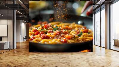 A close-up of chef influencers cooking spaghetti mix ingredients in a frying pan, adding seasoning and tasty sauce for a good flavor. Wall mural