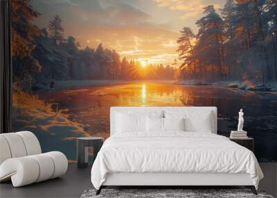 A frozen lake at sunset with a forest in the background Wall mural