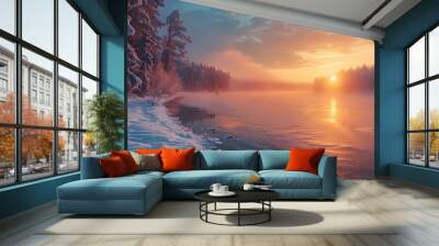 A frozen lake at sunset with a forest in the background Wall mural