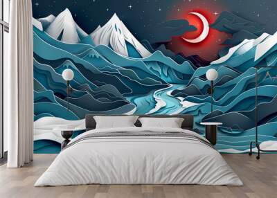 A stunning blue winding river with an electric current flowing through it leads to a snow-capped mountain with a star just above it. Wall mural