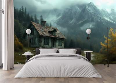 An old house in natural view.big mountain.An isolated mountain hut in the foggy forest. Wall mural