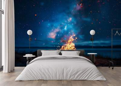 Campfire at night with a sky full of stars in background Wall mural