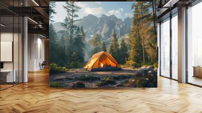 camping tent in the forest.Summer camp with bonfire, tent, backpack . landscape with mountain, forest and campsite. Wall mural