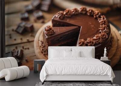 Chocolate cake slice with coffee beans on a white plate Wall mural