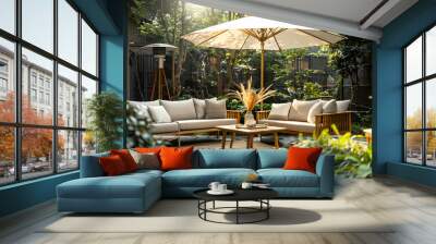 Done viwe London garden in summer with patio, wooden garden furniture and a parasol or sun umbrella Wall mural