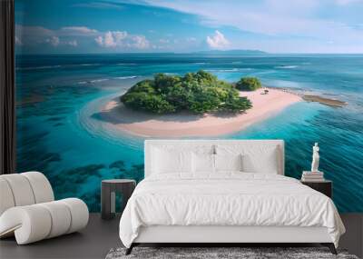 Drone view of a picturesque island with white sandy beaches, turquoise waters, and a coral reef surrounding it, making it a perfect paradise for nature lovers and vacationers Wall mural