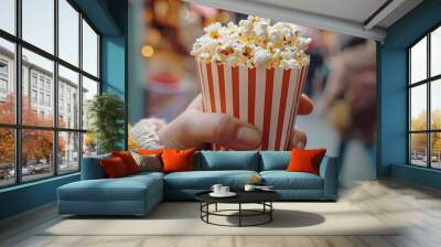 hand holding a paper cup filled with fresh popcorn Wall mural