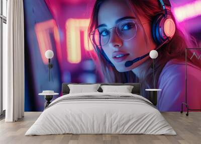 In a color blocking office setting with monitor and desk lamp, a mature female agent uses a headset and types on a keyboard Wall mural