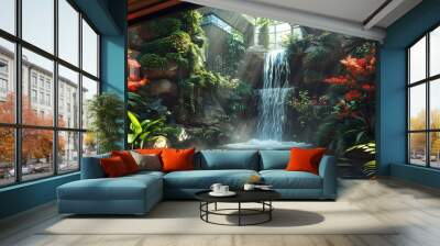 Luxurious waterfall garden inside the house,16K,photostock style Wall mural