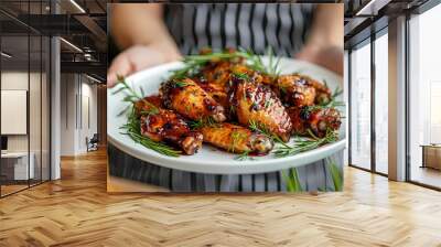 Red Wine Chicken Wings in a white plate, in a luxurious shop. Wall mural