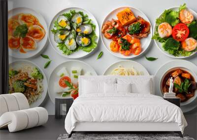 set of plates of food isolated on a white background, top view Wall mural