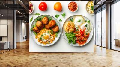 set of plates of food isolated on a white background, top view Wall mural