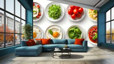 set of plates of food isolated on a white background, top view Wall mural