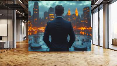 Silhouette of a man financier think about something while standing near office window background with copy space for your text message or advertising content, young male thoughtful rest after briefing Wall mural