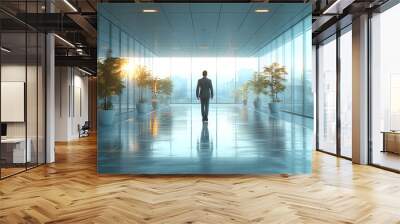 Silhouette of a man financier think about something while standing near office window background with copy space for your text message or advertising content, young male thoughtful rest after briefing Wall mural