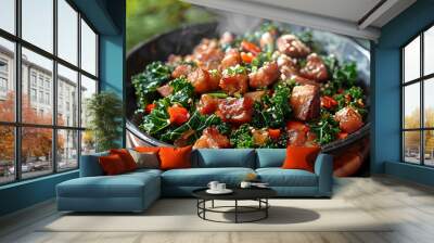 Stir-fried kale vegetable with crispy pork Add fried garlicFaint smoke Wall mural