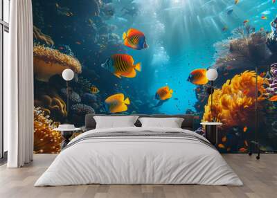 Taking a scuba dive in crystal clear tropical waters, exploring vibrant coral reefs and marine life, with colorful fish swimming around, Wall mural