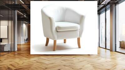 The modern IKEA armchair with a simple white fabric seat and light wood legs, isolated white background Wall mural