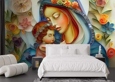 The Virgin Mary with the baby Jesus is a very colorful paper quilling Wall mural