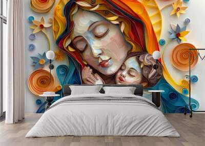 The Virgin Mary with the baby Jesus is a very colorful paper quilling Wall mural