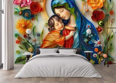 The Virgin Mary with the baby Jesus is a very colorful paper quilling Wall mural