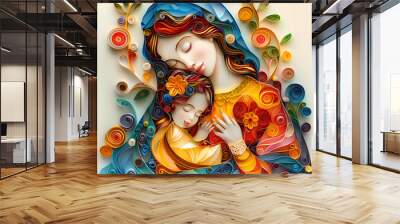 The Virgin Mary with the baby Jesus is a very colorful paper quilling Wall mural