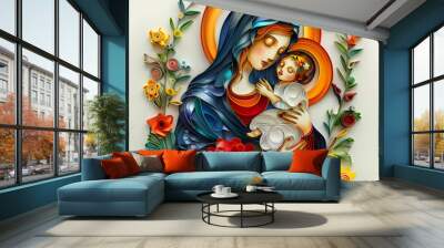 The Virgin Mary with the baby Jesus is a very colorful paper quilling Wall mural