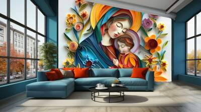 The Virgin Mary with the baby Jesus is a very colorful paper quilling Wall mural