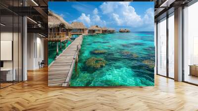 This is an image of a beach resort with thatched huts and a dock in the water, on a sunny day, houses on stilts, waterfront houses, paradise in the background, 8K Wall mural