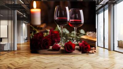 Two wineglasses and red roses set the scene for a romantic celebration Wall mural