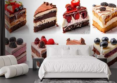 Various of sweets and desserts set and collection. chocolate cake, cupcakes, red velvet cake, apple pie, macarons, pretzel, donut, pastries, muffin, cookies, croissant. Bakery sweets isolated on white Wall mural