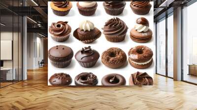 Various of sweets and desserts set and collection. chocolate cake, cupcakes, red velvet cake, apple pie, macarons, pretzel, donut, pastries, muffin, cookies, croissant. Bakery sweets isolated on white Wall mural