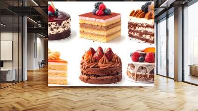 Various of sweets and desserts set and collection. chocolate cake, cupcakes, red velvet cake, apple pie, macarons, pretzel, donut, pastries, muffin, cookies, croissant. Bakery sweets isolated on white Wall mural