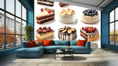 Various of sweets and desserts set and collection. chocolate cake, cupcakes, red velvet cake, apple pie, macarons, pretzel, donut, pastries, muffin, cookies, croissant. Bakery sweets isolated on white Wall mural