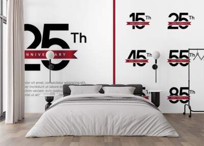 set of anniversary logo black color number and red ribbon on white background for celebration Wall mural