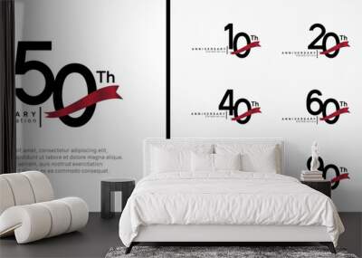 set of anniversary logo flat black color number and red ribbon on white background for celebration Wall mural