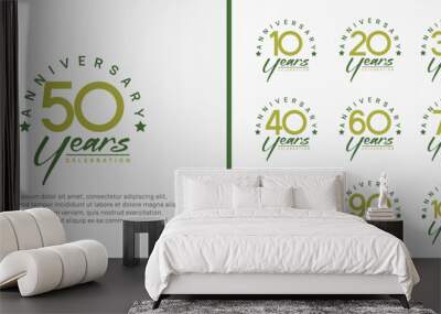 set of anniversary logo flat green color number and dark green text on white background for celebration Wall mural