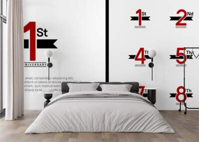 set of anniversary logo flat red color number and black ribbon on white background for celebration Wall mural