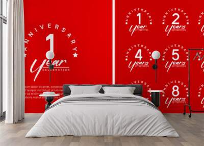 set of anniversary logo flat white color number and white text on red background for celebration Wall mural