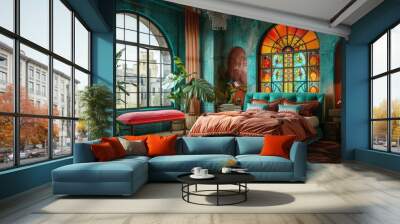 stained glass window, boho bedroom with pink and teal accents, vibrant colors, maximalist bed frame, bench at the end of it, large stained glass windows in the background, plants Wall mural