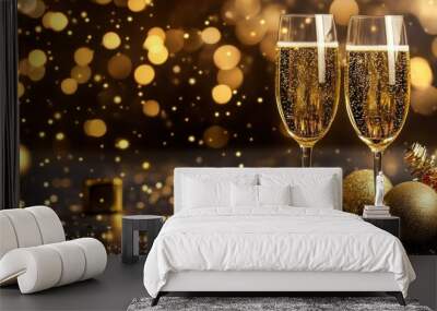 Two Glasses of Sparkling Champagne with Christmas Decorations Wall mural