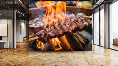 Flame grilled meat cooking on flames Wall mural