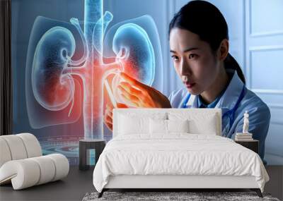 Female Doctor Examining 3D Rendered Digital X-Ray of Human Kidneys Wall mural